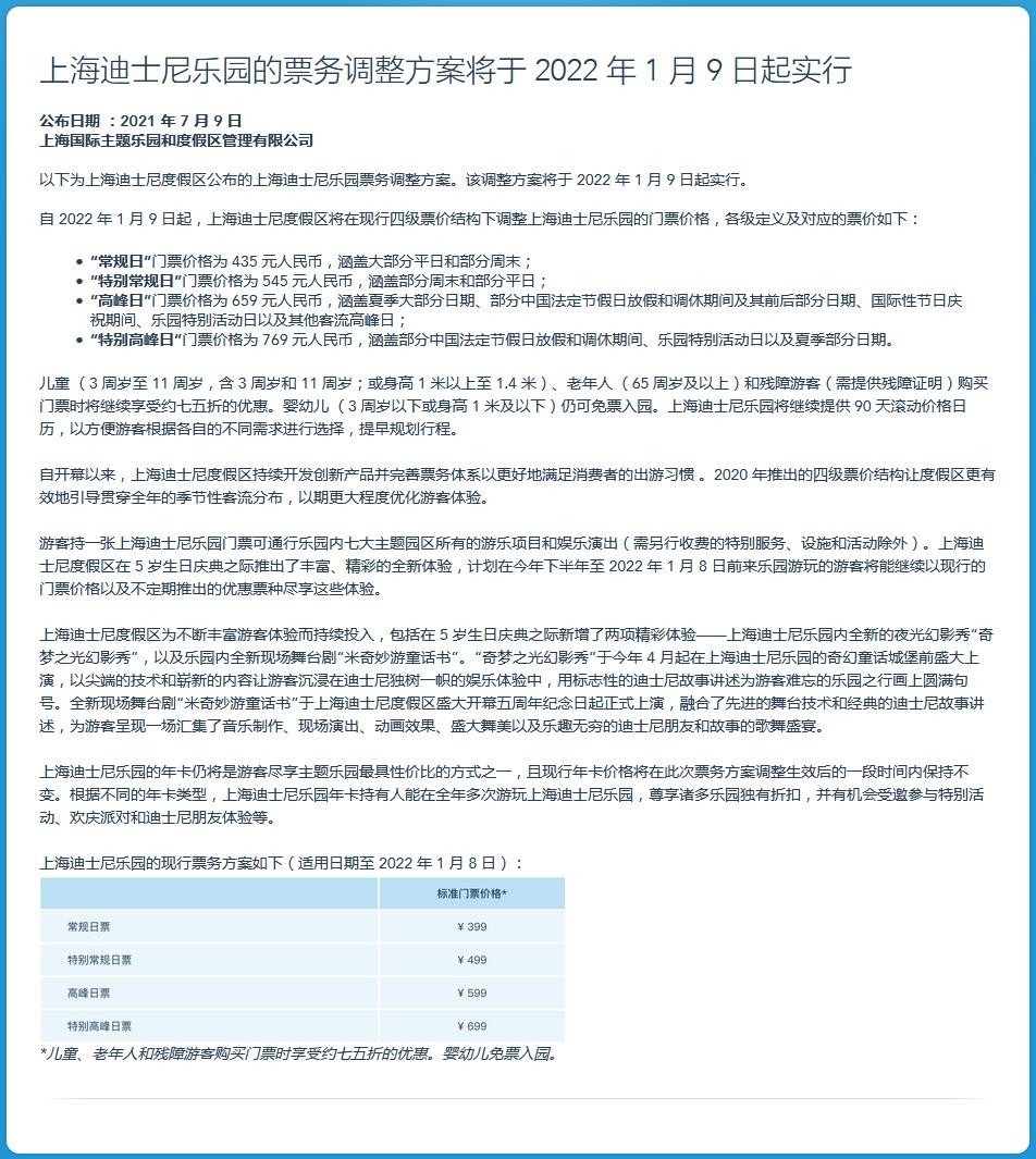 上海迪士尼乐园明年1月上调票价:最高涨至769元